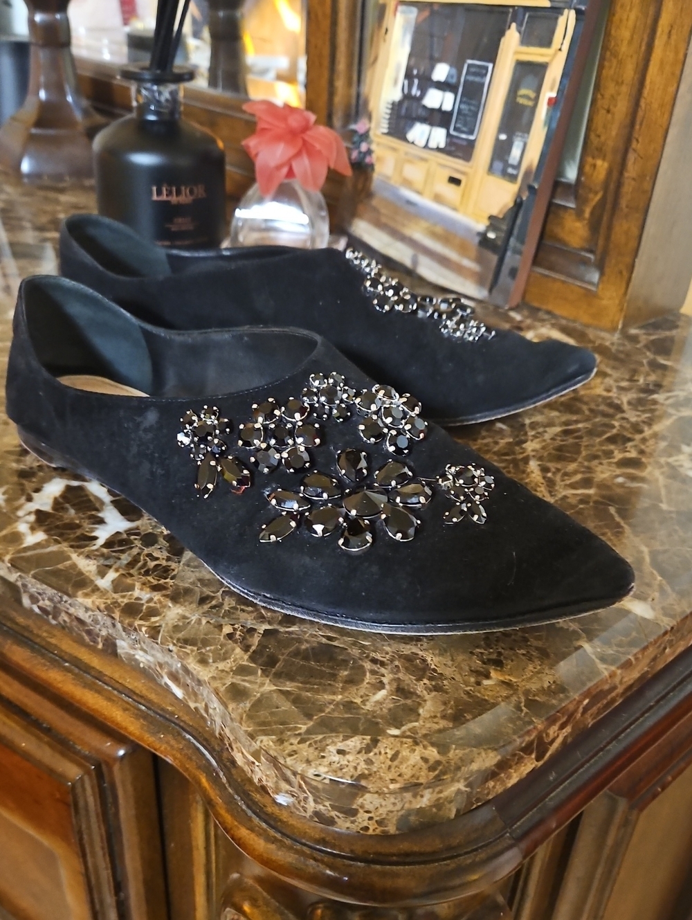 Prada Black Suede Jeweled Pointed Toe Flats